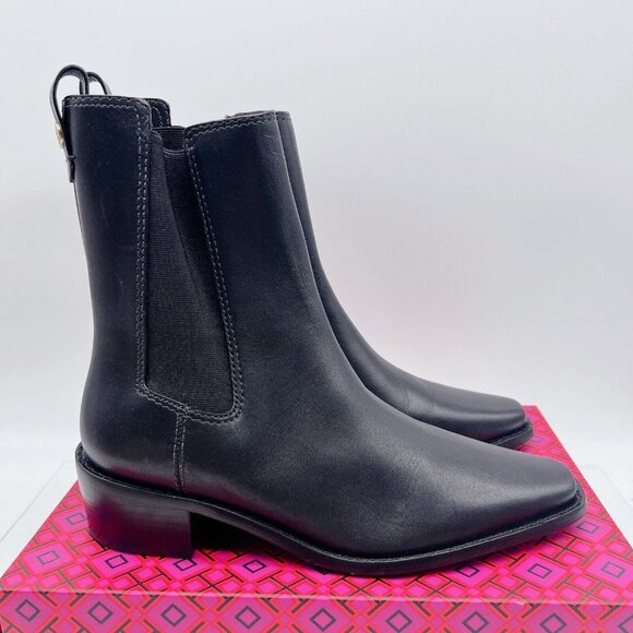 Tory Burch Medallion-Plaque 35mm Chelsea Ankle Boots Black Leather Pull On US 6 - Picture 5 of 13
